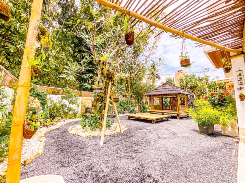 garden with pavillion, yoga platform and waterfall